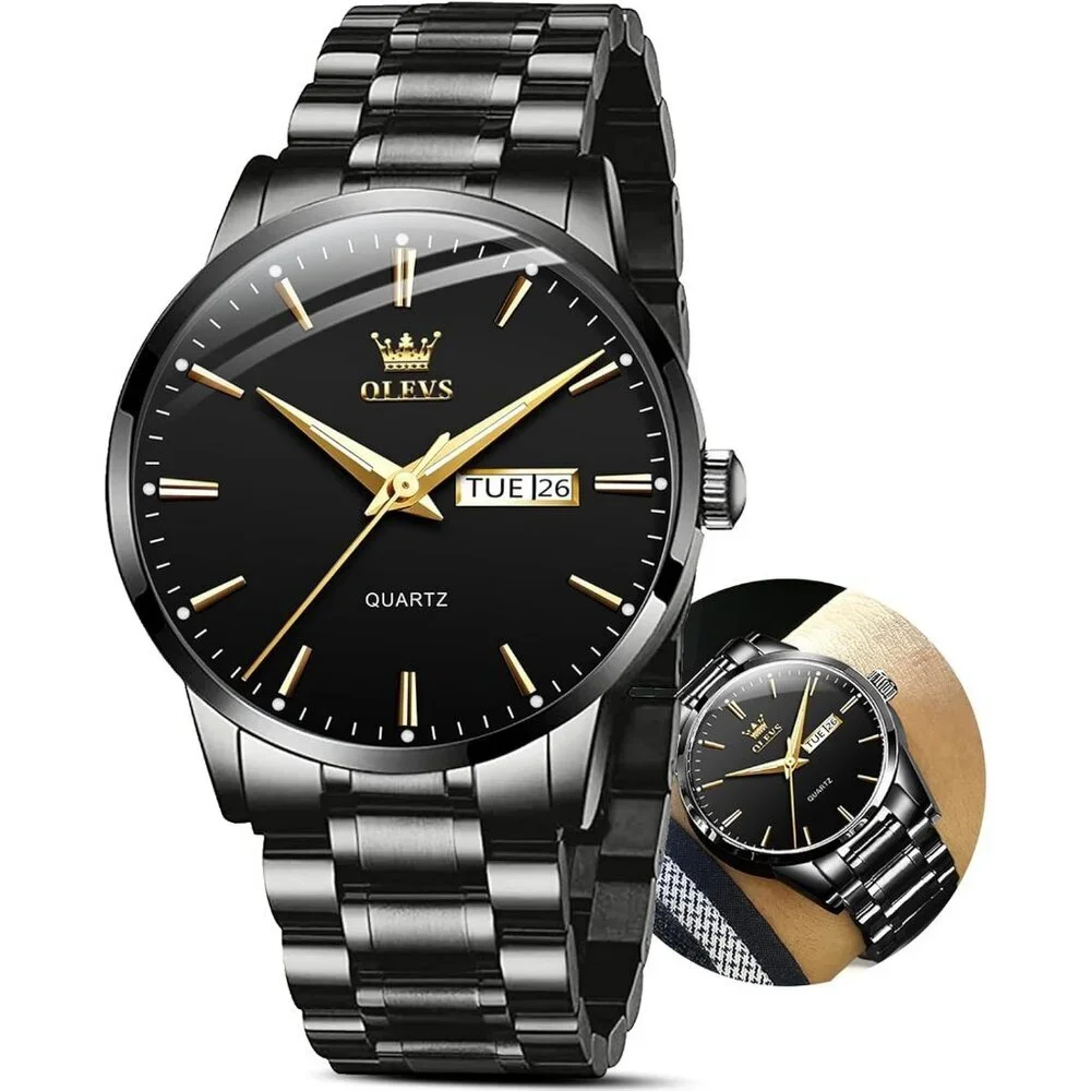 Olevs Men's Black Steel Black-Dial Waterproof Stainless Luminous Stylish Watch